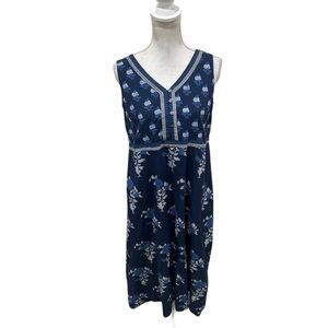 J. Jill Navy, white Blue Floral V-Neck sleeveless cotton lined Midi Dress small